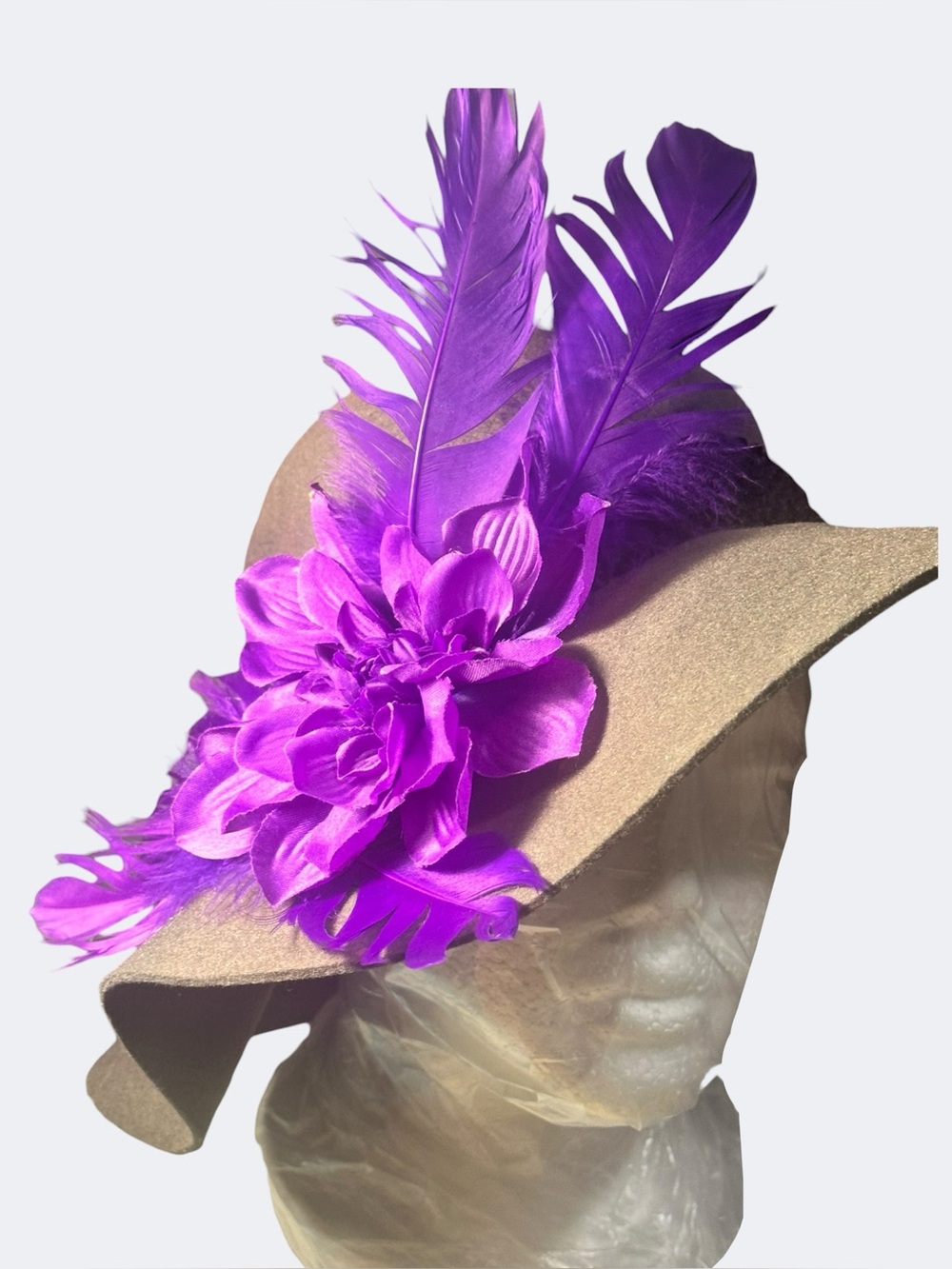 Women’s Gray Wool Floppy Hat Purple Flower & Feathers Custom Milliner Summer Hat